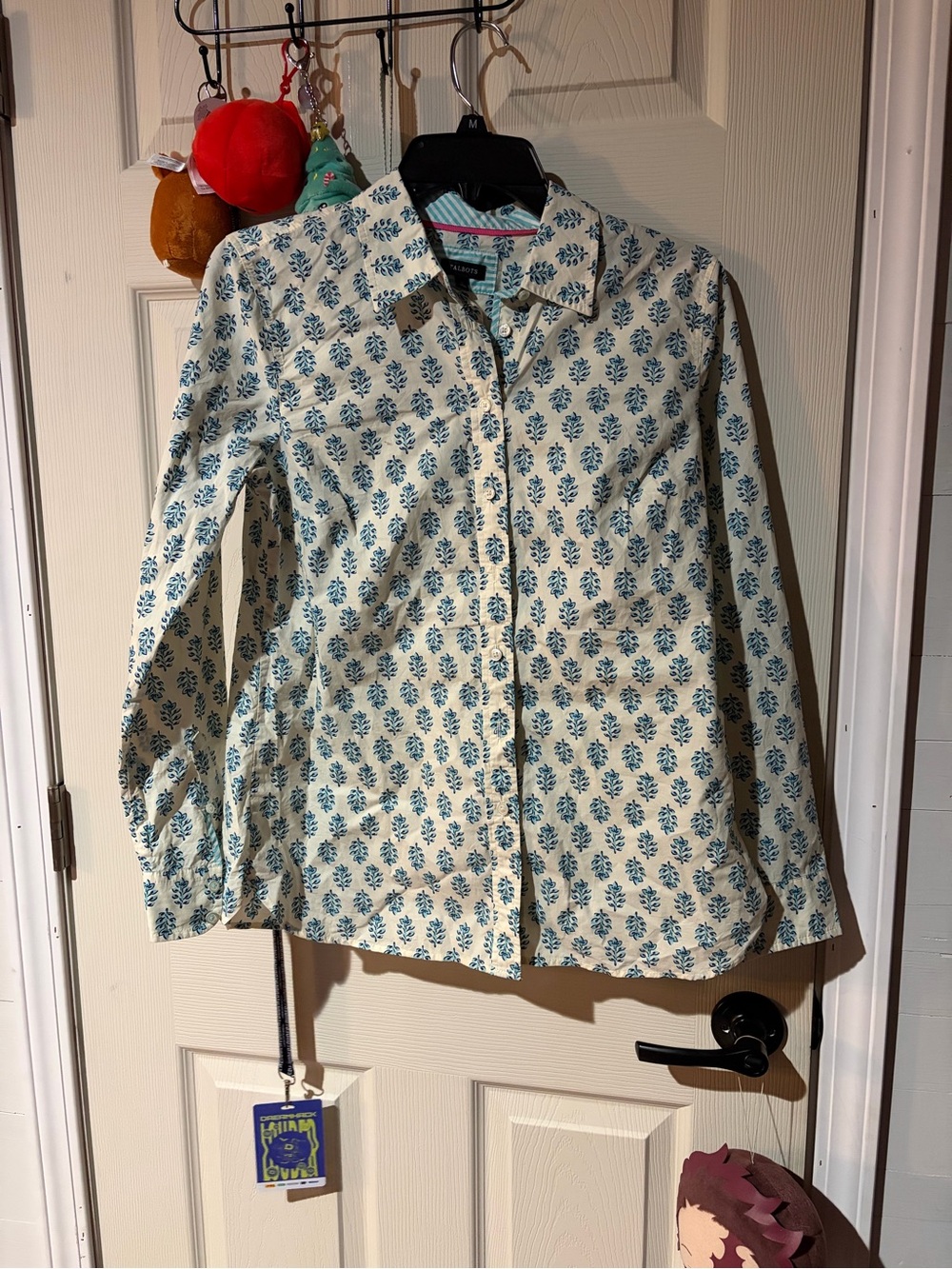 Womens' Long-Sleeve Cream Shirt with Blue Floral Print